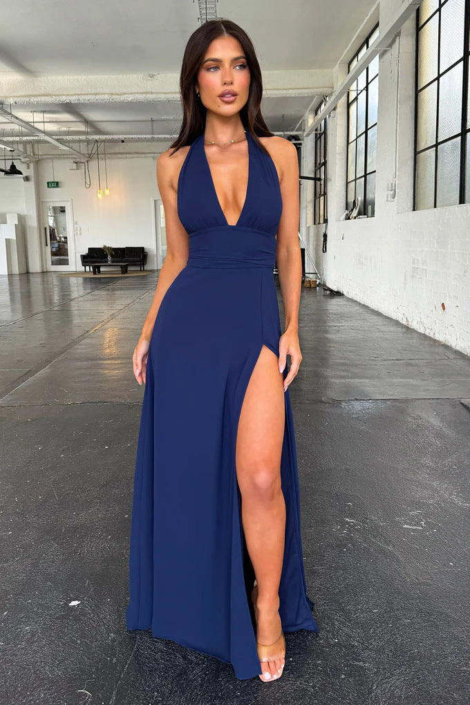 Spring New Women's Style Hanging Neck V-neck Slit Long Solid Color Dress - Trendex
