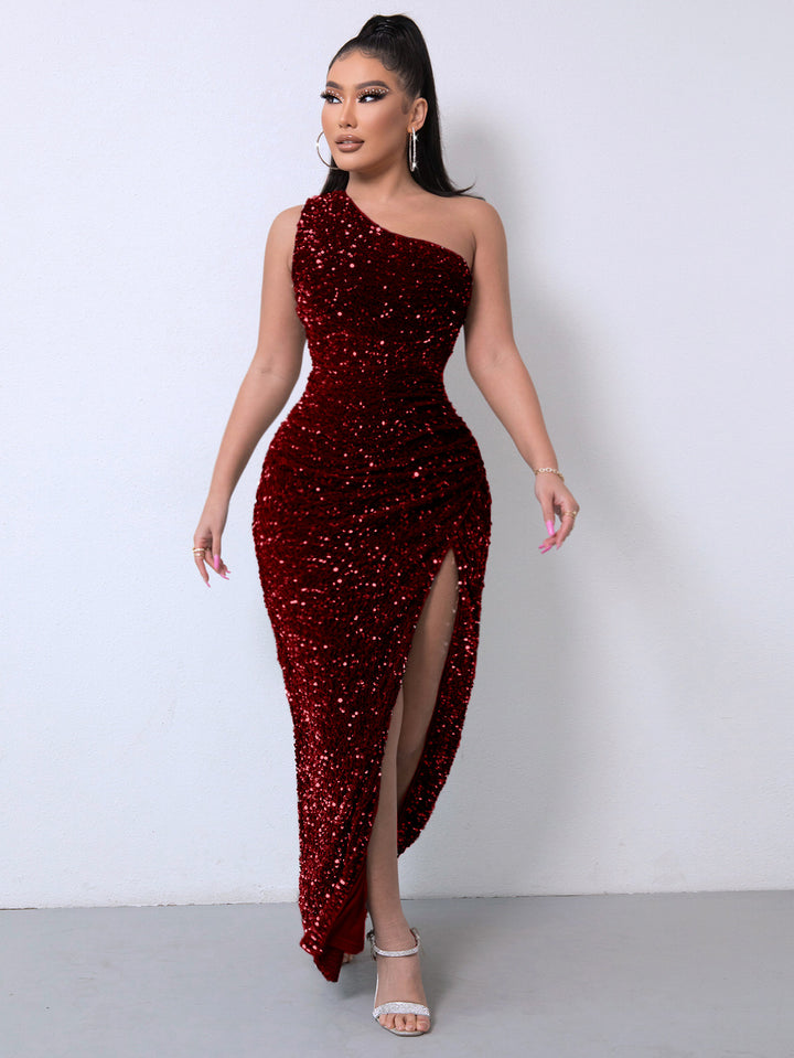 Foreign Trade Sleeveless One Shoulder Slash Neck Sequins Gorgeous Slit Women's Dress - Trendex