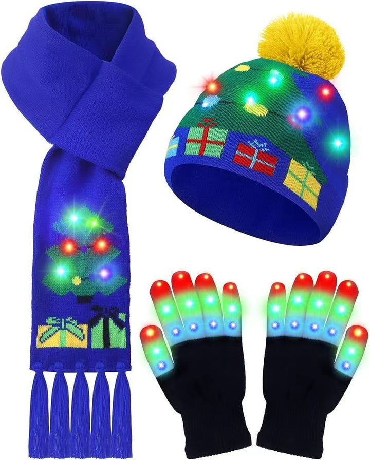 LED Christmas Knitted Hat Scarf Gloves Three-piece Set - Trendex