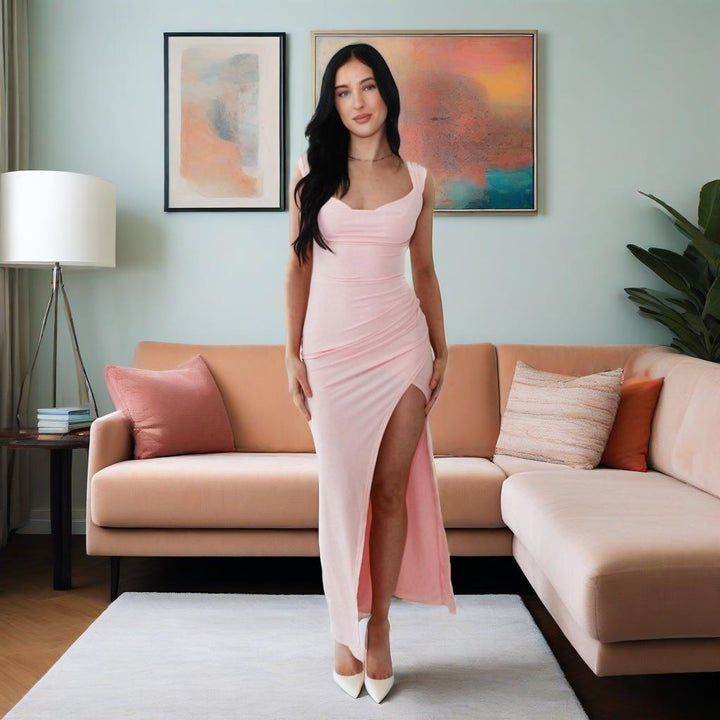 Square Collar Sexy Slit Solid Color Elegant Tied Dress - Trendex