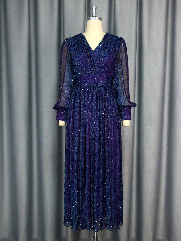 Sexy V-neck Sequined Long Sleeve Dress Purple Slim Fit - Trendex