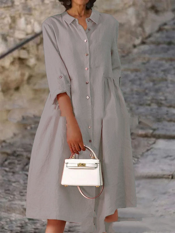 Pure Cotton And Linen Solid Color Loose Pocket Dress - Trendex