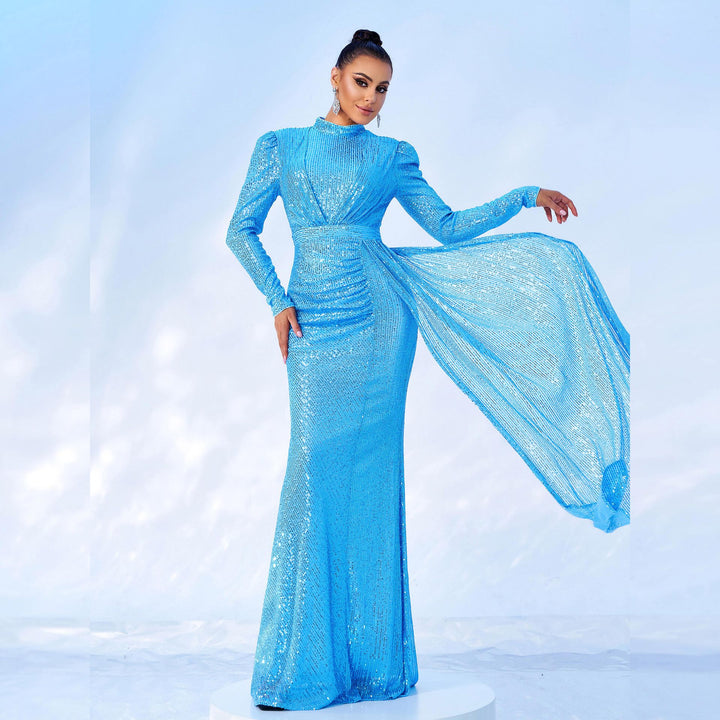 Long Sleeve Round Neck Sexy Slim Long Sequined Banquet Dress - Trendex
