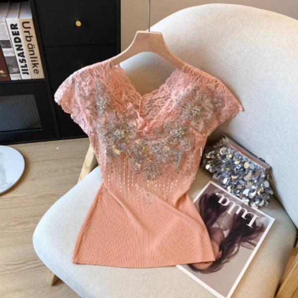 Exquisite Rhinestone Lace V-neck Knitted Women's Flounced Sleeve Top - Trendex