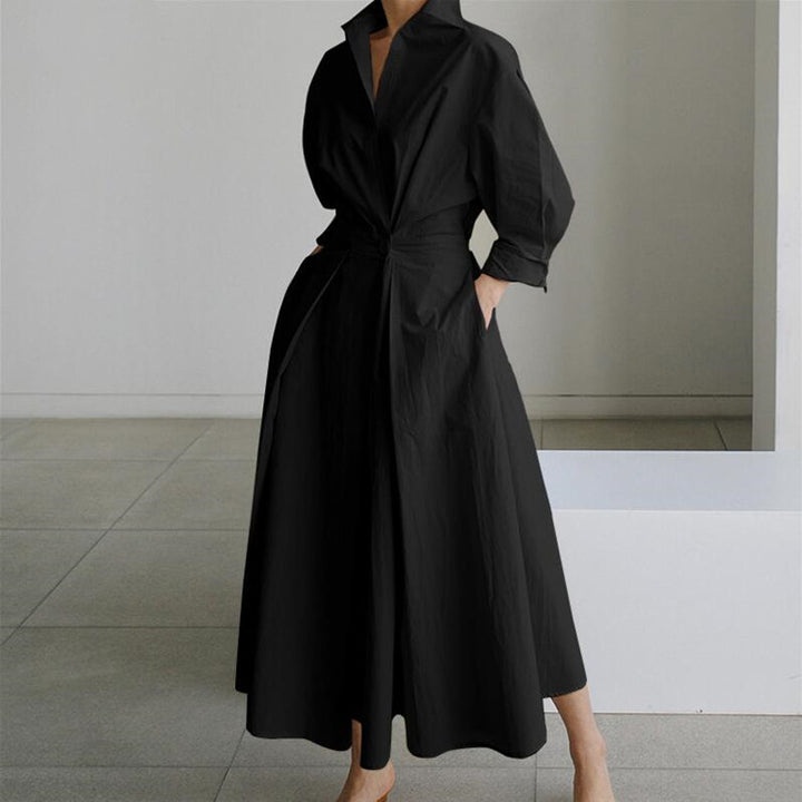 Temperament Commuter Cotton Hemp Clean Color Flip Collar POLO Collar Shirt Sleeves Elastic Waist Big Swing Dress - Trendex