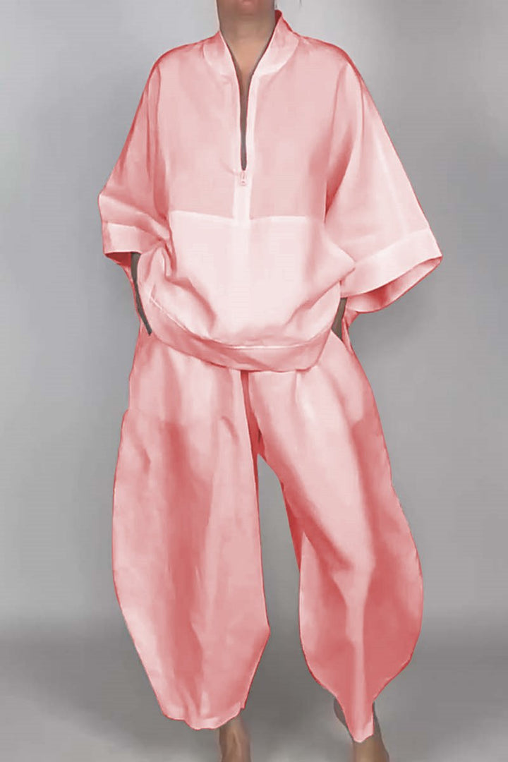 Loose Casual Pocket Half Zipper Top Bud-shaped Pants Suit - Trendex