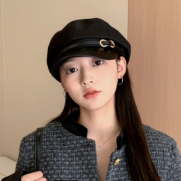 Casual Face-showing Small Peak Cap Octagonal Cap Leather Brim Hat With Buckle - Trendex