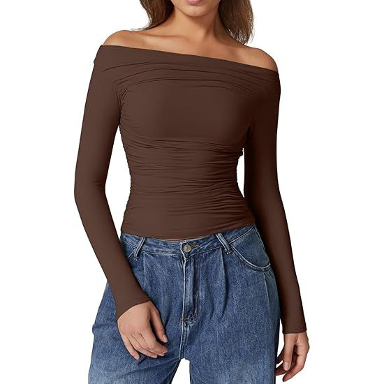 European And American Women's Clothing Top Off-shoulder Long Sleeve T-shirt - Trendex