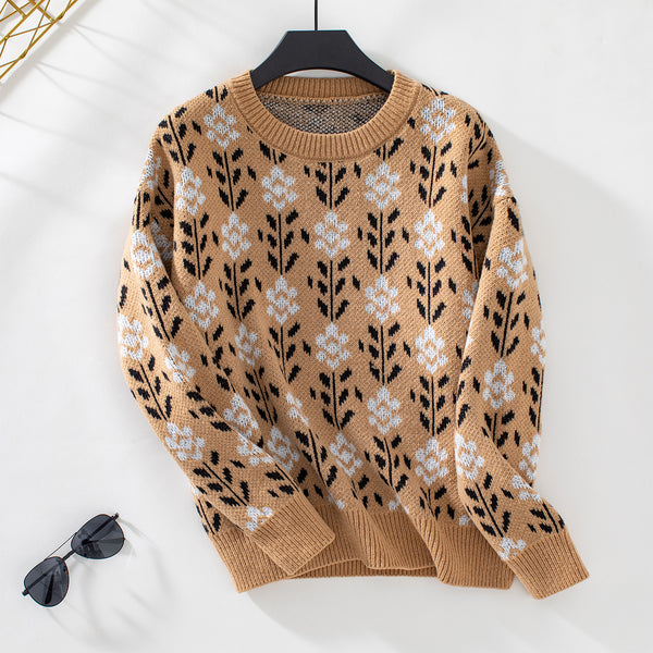 Flower Jacquard Pullover Women's Sweater - Trendex