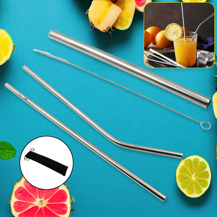 0600 Reusable Stainless Steel Straws With Travel Case Cleaning Brush Eco Friendly Extra Long Metal Straws Drinking Set Of 4 (2 Straight Straws 1 Bent Straws 1 Brush) - Trendex