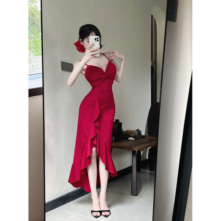 Sexy Long Spaghetti-strap Ruffle Bottoming Skinny Dress - Trendex