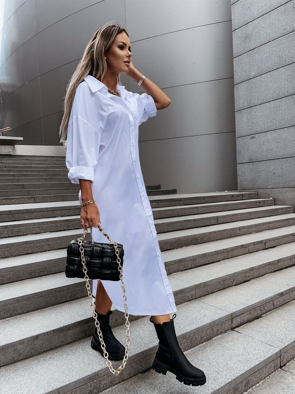 Autumn Fashionable With Side-slit Loose Casual Solid Color Shirt Dress - Trendex