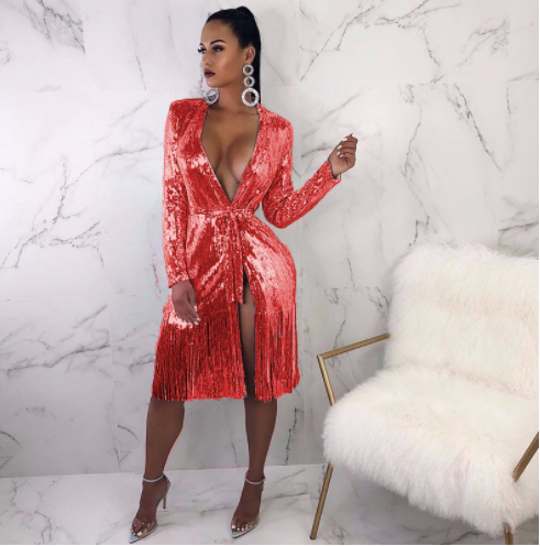 Deep V-neck Shiny Lace-up Long-sleeved Sexy Split Fringe Dress - Trendex