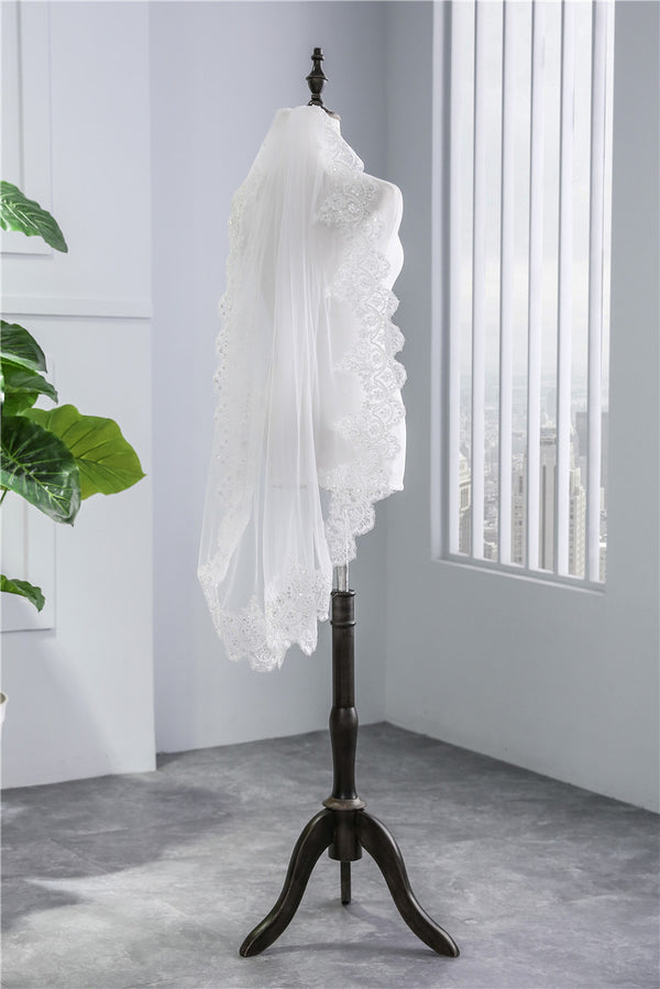 Short Veil Soft Mesh Sequined Lace White Ivory - Trendex