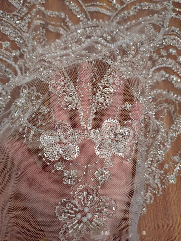 Wave Style Sequin Bead Lace Fabric Wedding Dress - Trendex