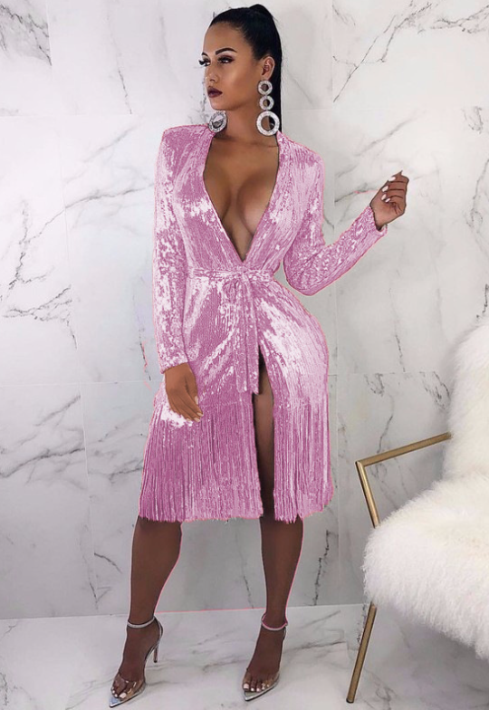 Deep V-neck Shiny Lace-up Long-sleeved Sexy Split Fringe Dress - Trendex