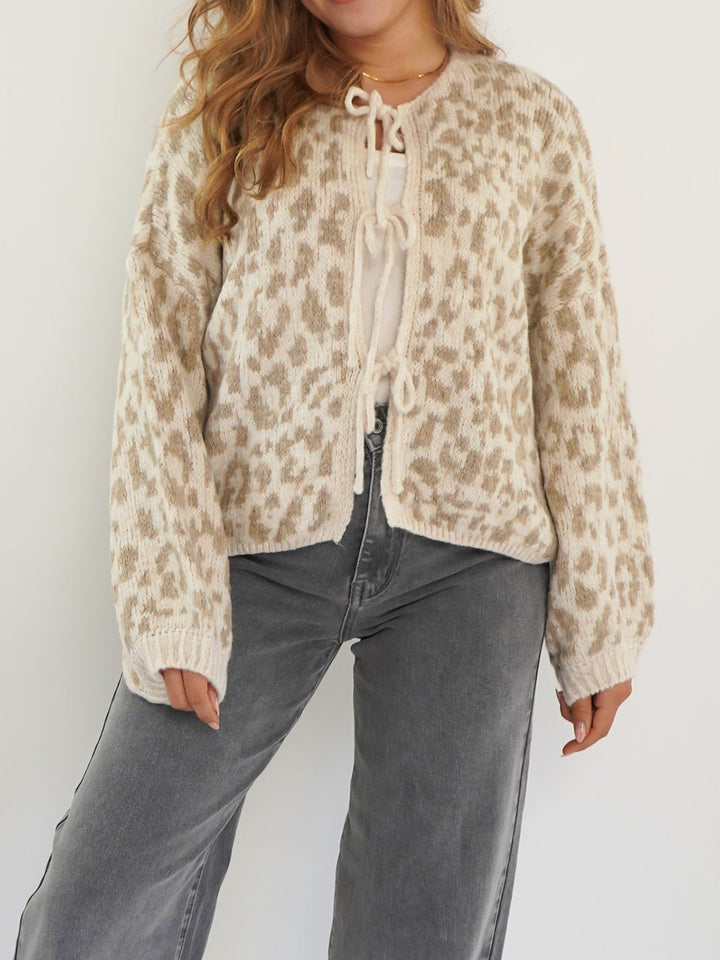 Round Neck Tied Leopard Print Knitted Cardigan Sweater - Trendex