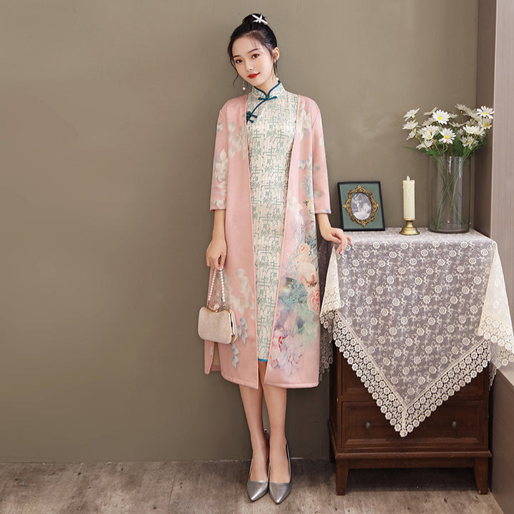 Women's Medium Length Cheongsam With Suede And Aodai Dress - Trendex