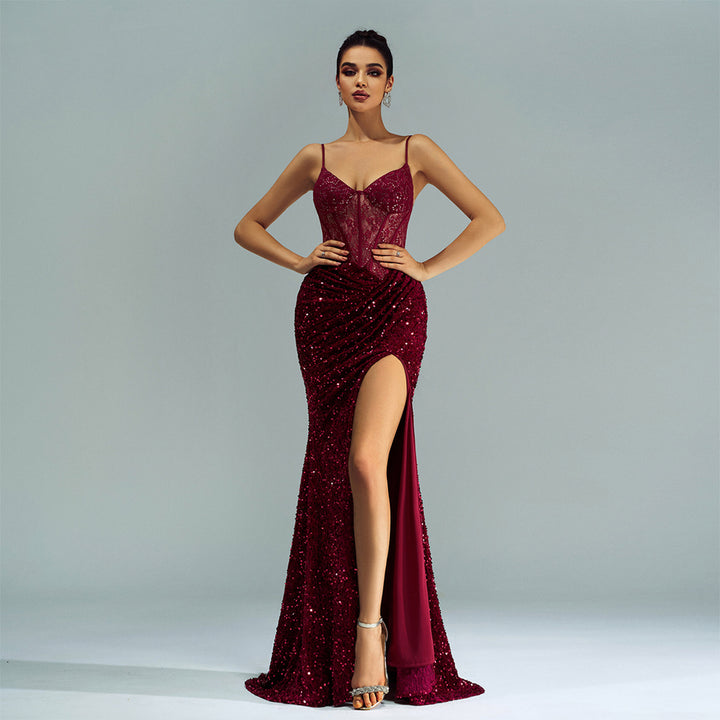Spaghetti Straps Sleeveless Sequined High Slit Evening Dress - Trendex