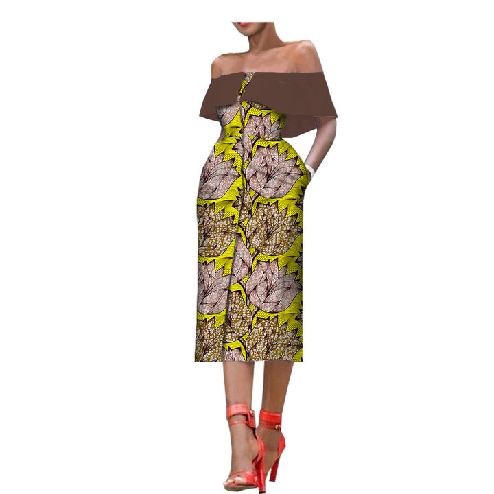 Sleeveless Printed One-Chest Off-Shoulder Gown - Trendex