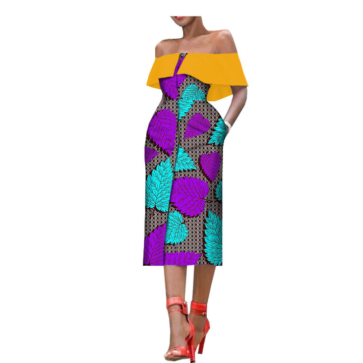 Sleeveless Printed One-Chest Off-Shoulder Gown - Trendex