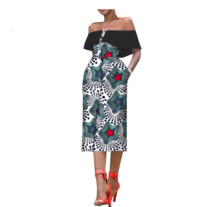 Sleeveless Printed One-Chest Off-Shoulder Gown - Trendex