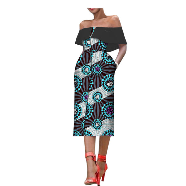 Sleeveless Printed One-Chest Off-Shoulder Gown - Trendex
