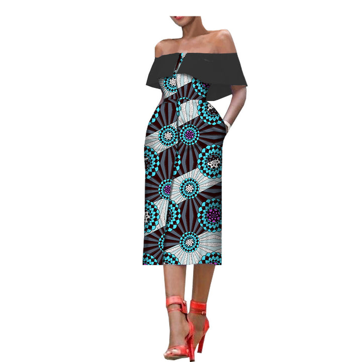 Sleeveless Printed One-Chest Off-Shoulder Gown - Trendex