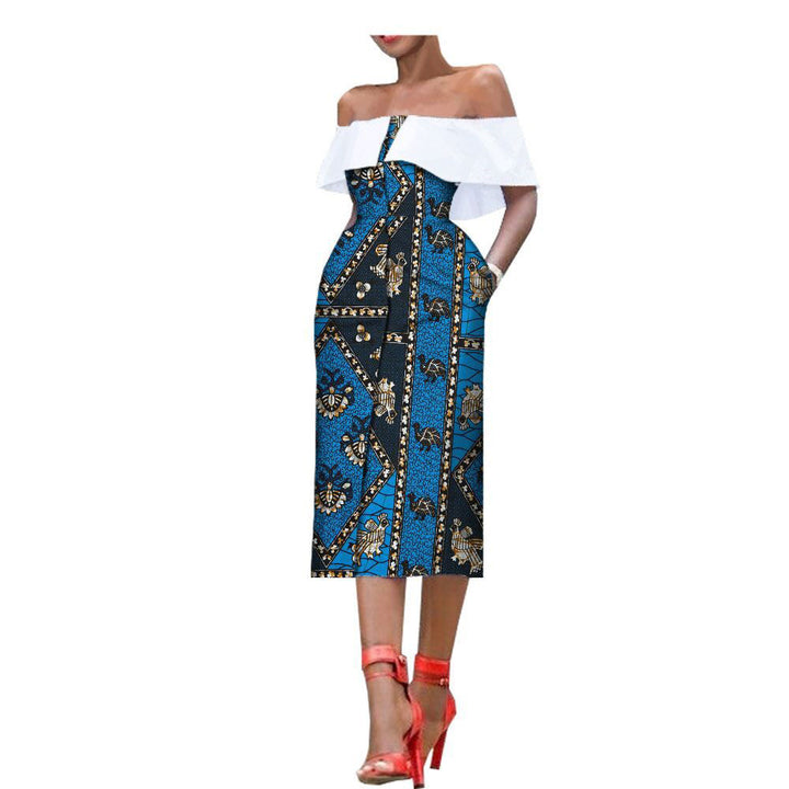 Sleeveless Printed One-Chest Off-Shoulder Gown - Trendex