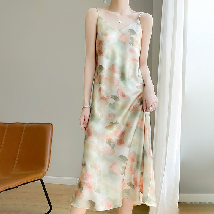Women's V-neck Mid-length Satin Sling Dress - Trendex