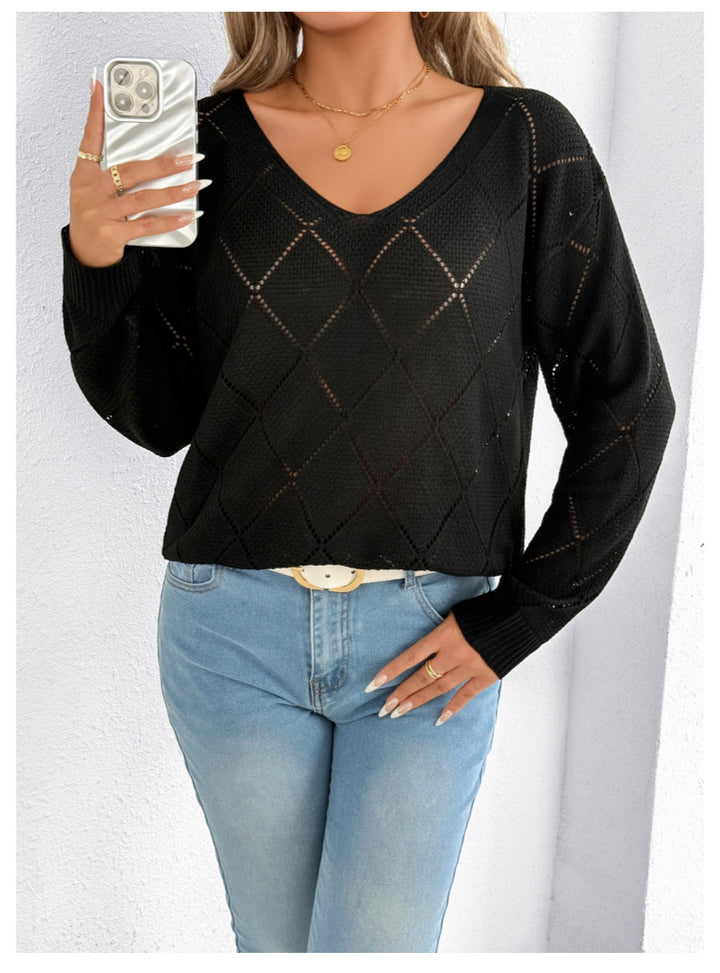 Solid Color And V-neck Sexy Cutout Plaid Long-sleeved Sweater Sweater - Trendex