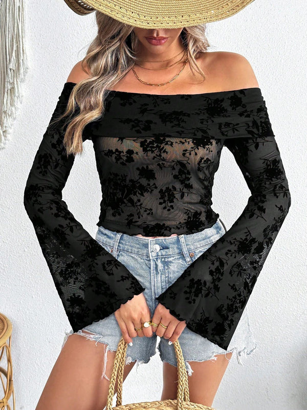 European And American Mesh Flocking Floral Print Off-the-shoulder Flared Sleeves Slim T-shirt - Trendex