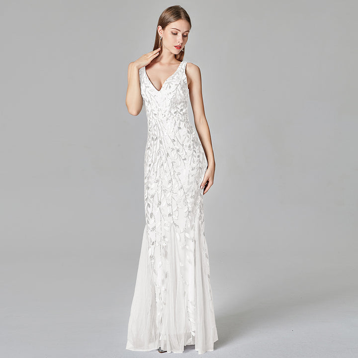 Sexy Long Dress Sleeveless V-neck Embroidered Sequin Slim Mermaid Dress - Trendex