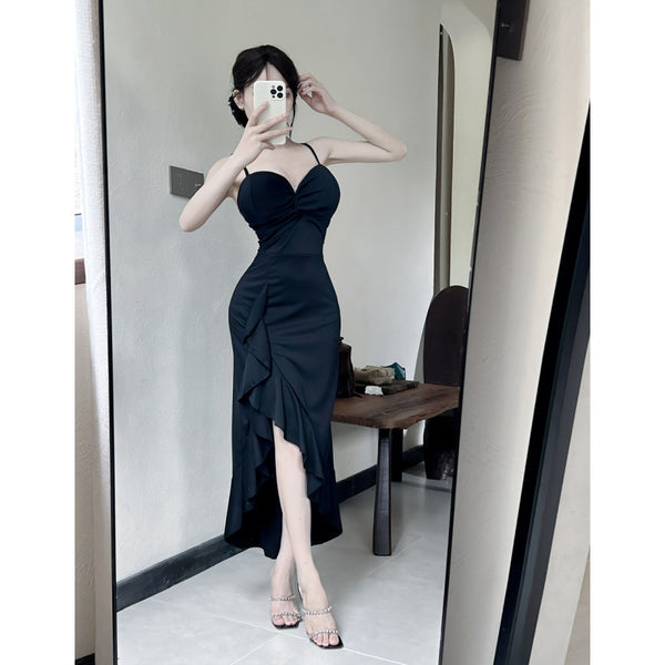 Sexy Long Spaghetti-strap Ruffle Bottoming Skinny Dress - Trendex