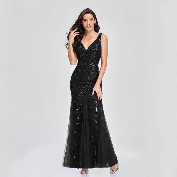 Sexy Long Dress Sleeveless V-neck Embroidered Sequin Slim Mermaid Dress - Trendex