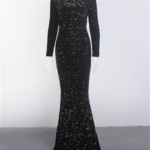 Women Modest Stretch Sequin Royal Blue Evening Prom Gown Party - Trendex