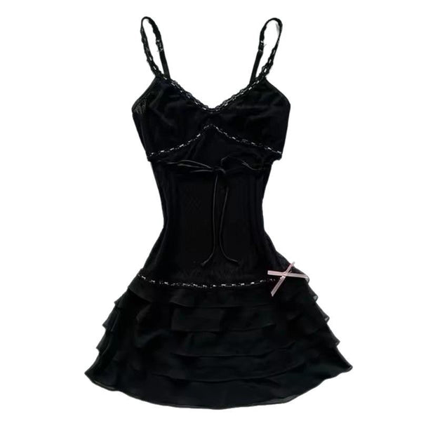 Summer New French Hot Girl Sweet And Spicy Style Bow V-neck Tight Waist A- Line Skirt - Trendex