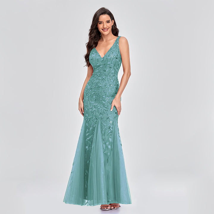 Sexy Long Dress Sleeveless V-neck Embroidered Sequin Slim Mermaid Dress - Trendex