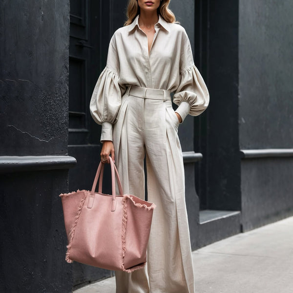 Long-sleeved Shirt Wide-leg Pants Cotton And Linen Two-piece Suit - Trendex