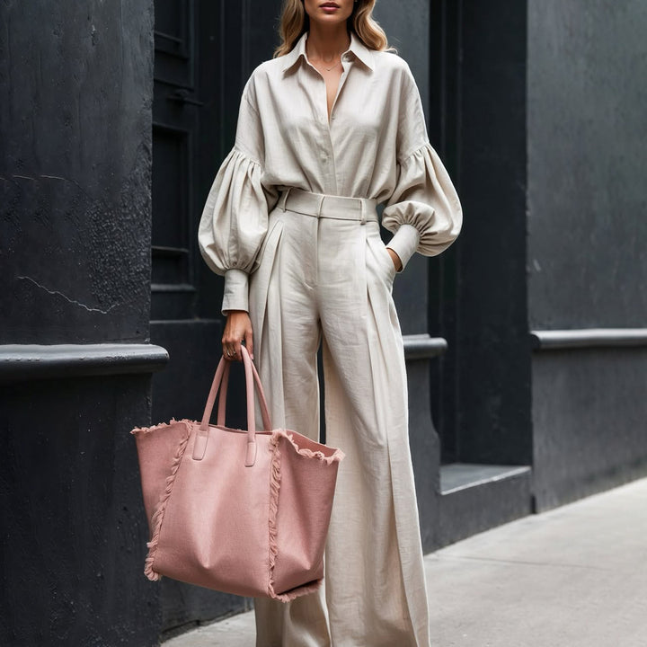 Long-sleeved Shirt Wide-leg Pants Cotton And Linen Two-piece Suit - Trendex