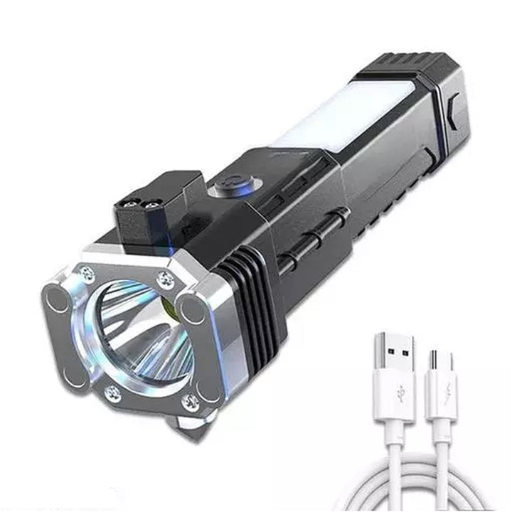 1524 Portable 3w Rechargeable Torch Led Flashlight Long Distance Beam Range Hammer And Strong Magnets Window Glass And Seat Belt Cutter 4 Modes For Car Camping Hiking Indoor Outdoor - Trendex