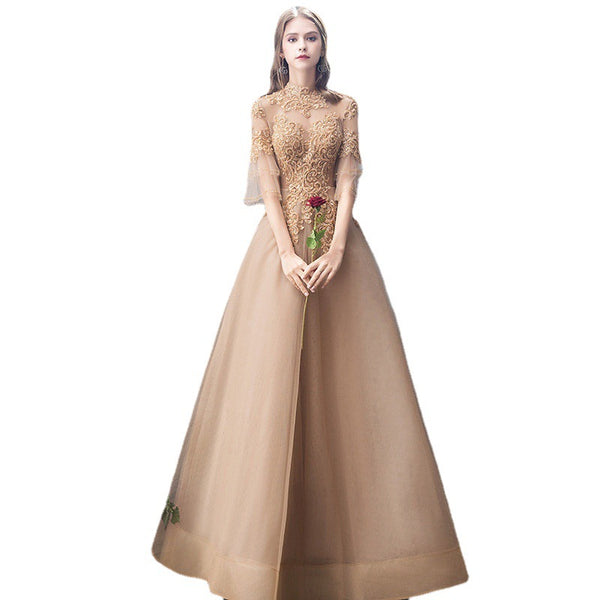 Banquet Evening Dress Female Golden Stand-up Collar Host Annual Party Dress Skirt - Trendex