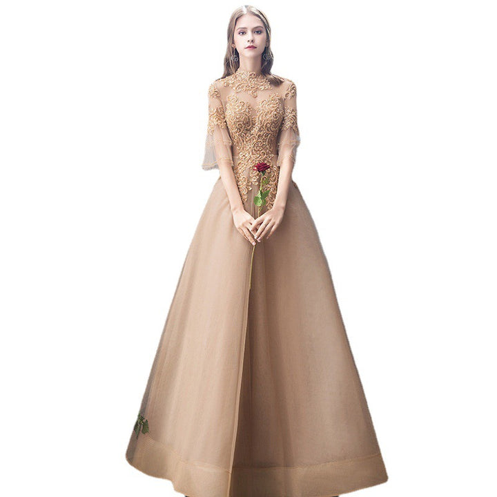 Banquet Evening Dress Female Golden Stand-up Collar Host Annual Party Dress Skirt - Trendex