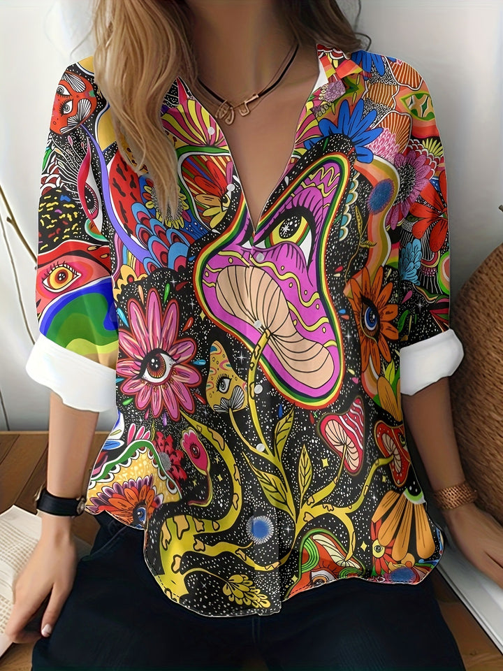 Women's 3D Printed Floral Pattern Long-sleeved Shirt - Trendex