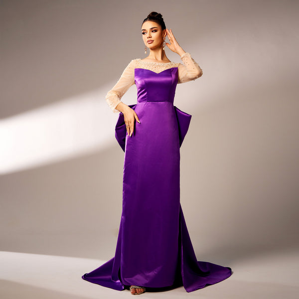 Long Sleeve Round Neck Party Beaded Big Bow Evening Dress - Trendex