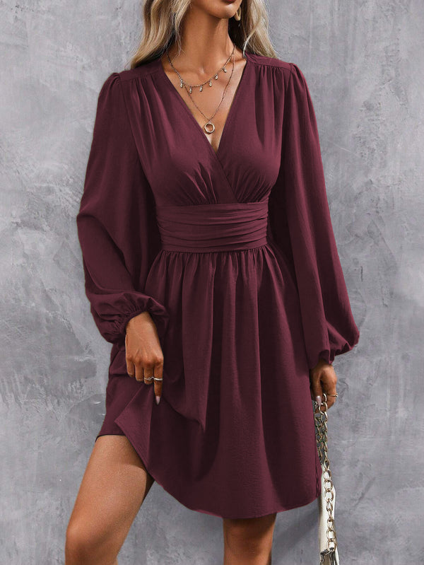 Women's Diagonal Collar Lantern Sleeve Smocking Pleated Waist Dress - Trendex