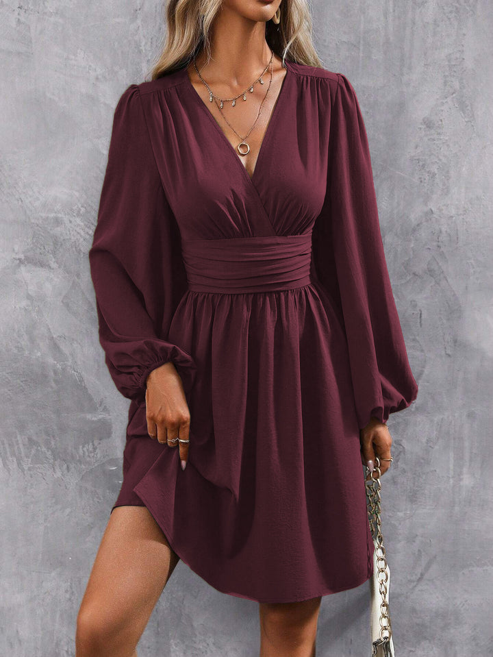 Women's Diagonal Collar Lantern Sleeve Smocking Pleated Waist Dress - Trendex