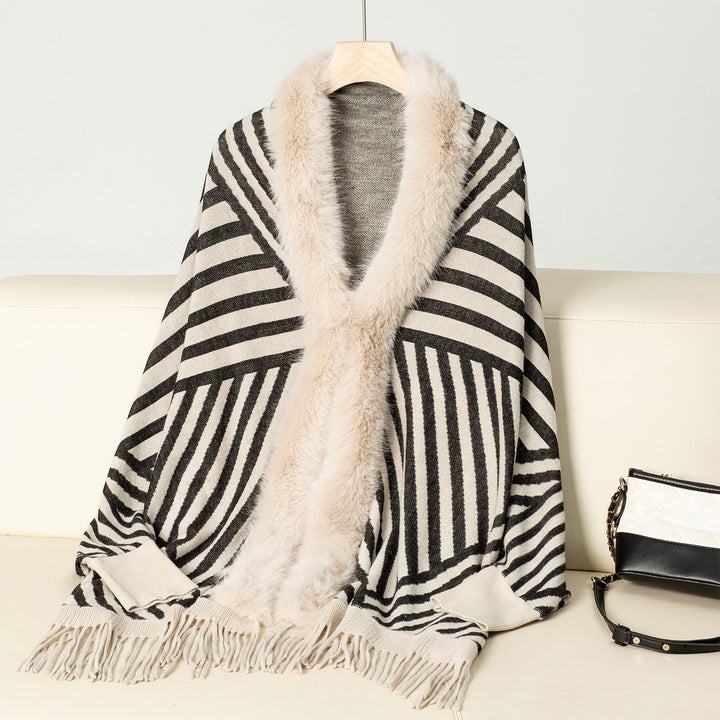 European And American Fall Winter Fashion Striped Tassel Knitted Shawl Cape - Trendex
