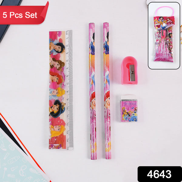 4643 Mix Design Cartoon Wooden Pencil Set Stationary Set 5 In 1 Items Educational Item For School Going Kids Stationary Set For Girls Boysstationary For Schoolgift Pack For Girls Kidsbirthday Gift Kids (5 Pc Set ) - Trendex