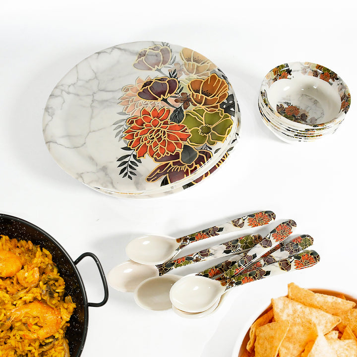 8231 Dream High Quality Plastic Dinning Dinner Set With Unique Flower Design Printed 6 Pc Plates 6 Pc Bowls And 6 Pc Serving Spoon Lightweight Round Plates And Bowls Microwave And Dishwasher Safe (18 Pcs Set) - Trendex